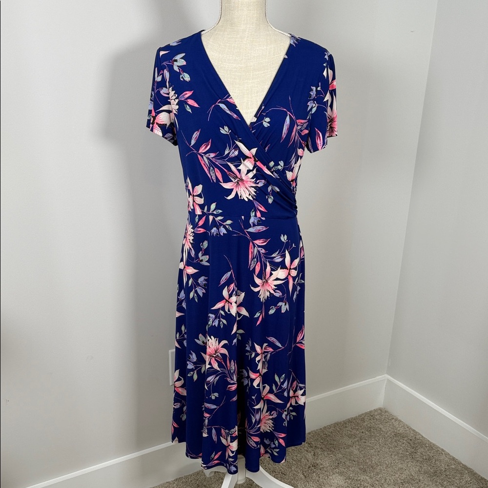 Eliza J Navy and Pink Floral Midi Dress